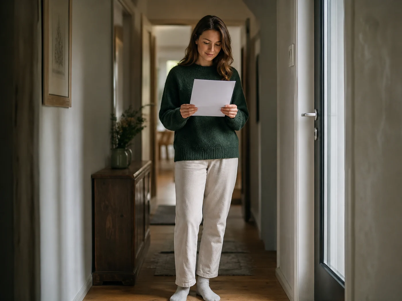 Woman in a hallway looking at a letter